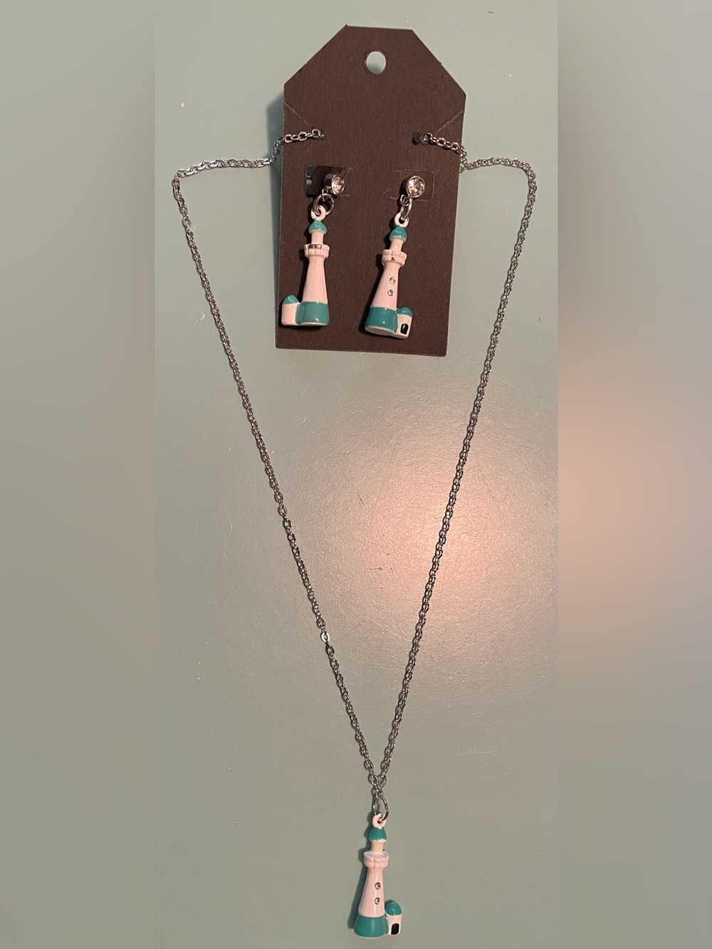Silver Necklace & Earring Set with White &. Teal Lighthouses - Swarovski Crystal
